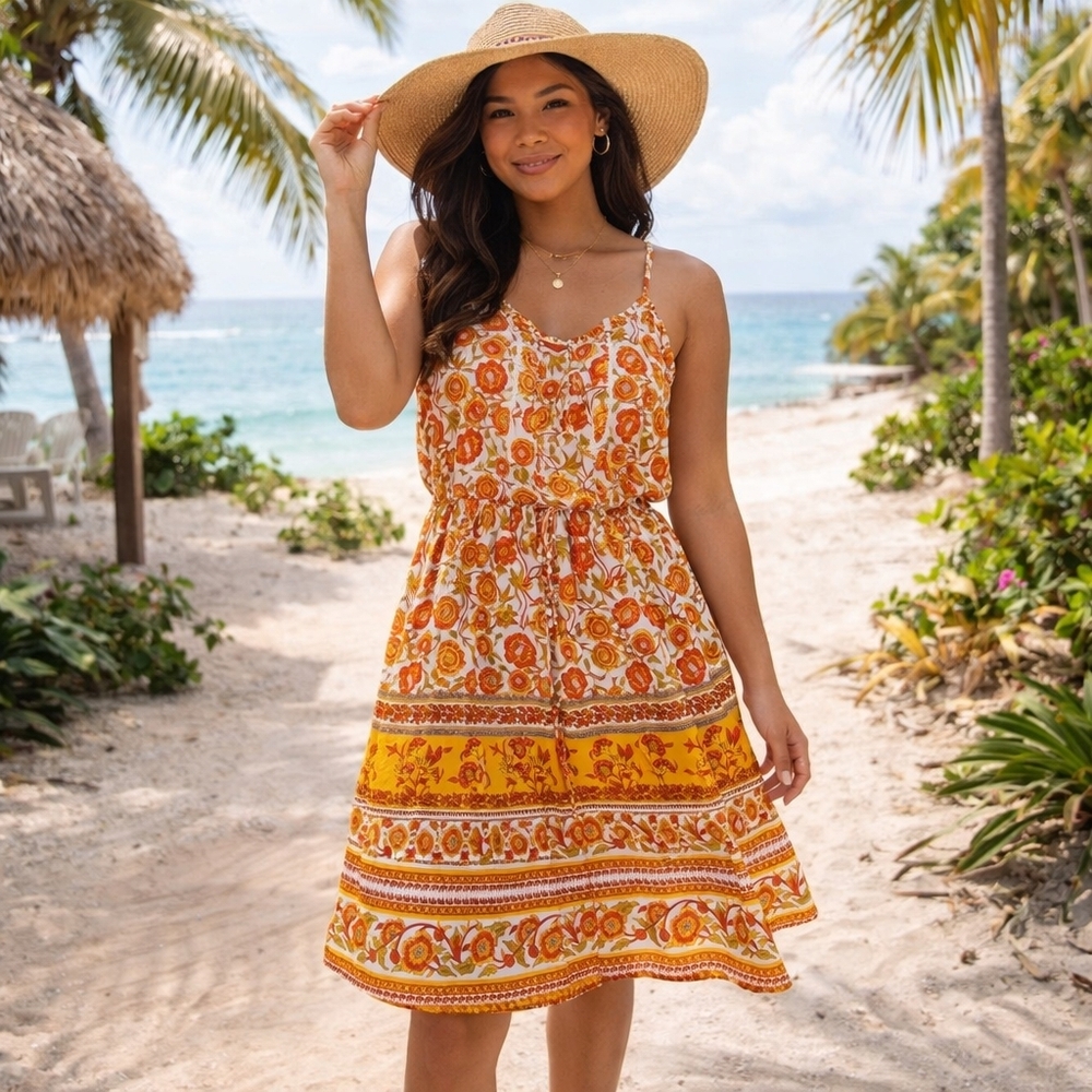 Nwt Tropical Floral Orange & White Midi Dress Boho Sundress Spaghetti Strap